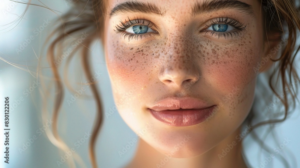 beautiful woman with dewy, healthy skin, framed by soft natural light beautiful woman with dewy, healthy skin, framed by soft natural light