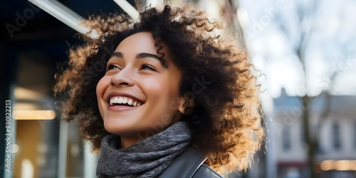 Happy Black woman with vitiligo smiling embracing her beauty and uniqueness. Concept Empowerment, Diversity, Self-love, Beauty Standards, Unique Features photo