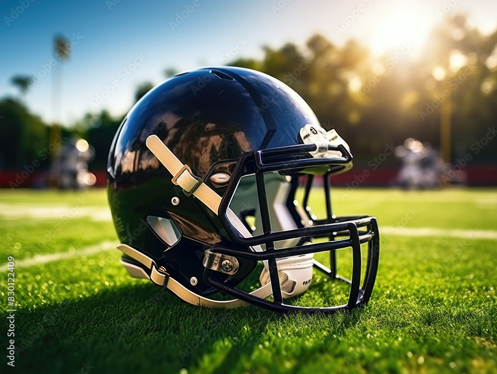 A black football helmet sits on a green field. The helmet is black and shiny, and it is the only object in the image A black football helmet sits on a green field. The helmet is black and shiny, and it is the only object in the image