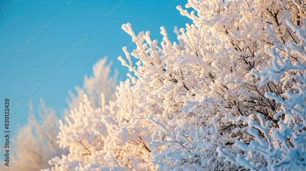 A tree covered in snow with a blue sky in the background