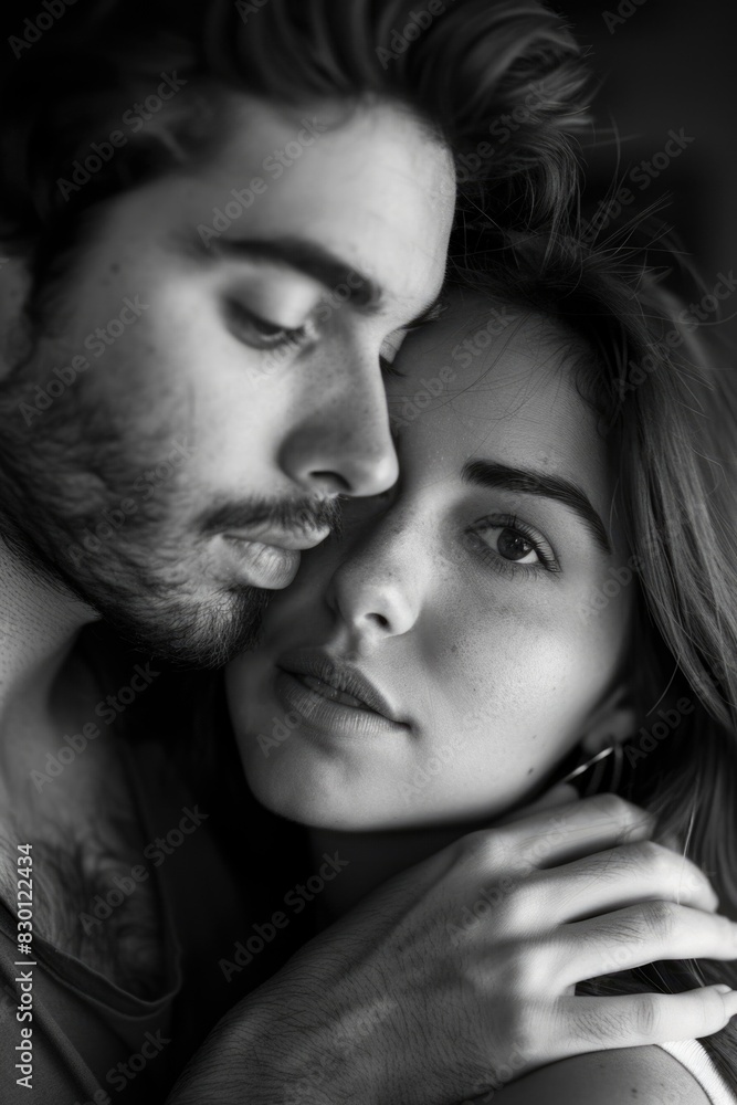 A man and a woman are hugging each other. The man is wearing a black shirt and the woman is wearing a white shirt. Scene is affectionate and loving A man and a woman are hugging each other. The man is wearing a black shirt and the woman is wearing a white shirt. Scene is affectionate and loving
