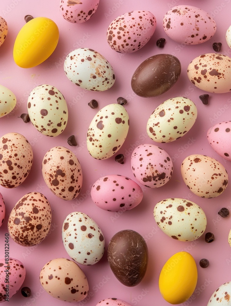 A close up of a bunch of chocolate eggs with chocolate chips on top. The eggs are of different colors and sizes, and they are arranged in a pattern on a pink background