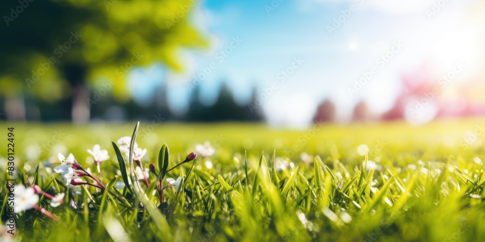 A field of grass with a few flowers in it. The sky is blue and there is a sun in the background
