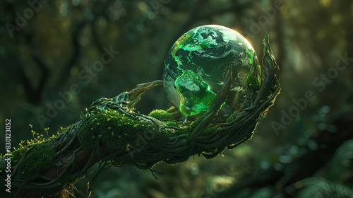 A moss and root hand holds a glowing green earth globe, set in a forest. Hyper-realistic and cinematic lighting enhance the dark green tones, evoking a fantasy feel.