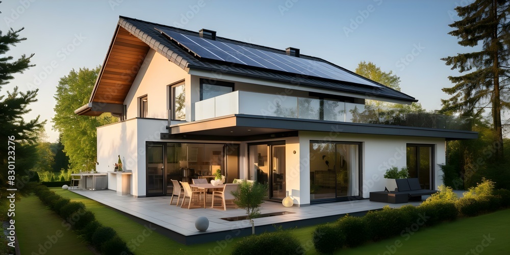 Modern Sustainable Home Design Featuring Solar Panels on Roof. Concept Sustainable Living, Solar Energy, Modern Architecture, Green Home Design, Eco-friendly Construction