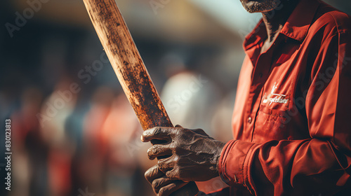 A person wearing a red shirt is holding a wooden stick or club with both hands.