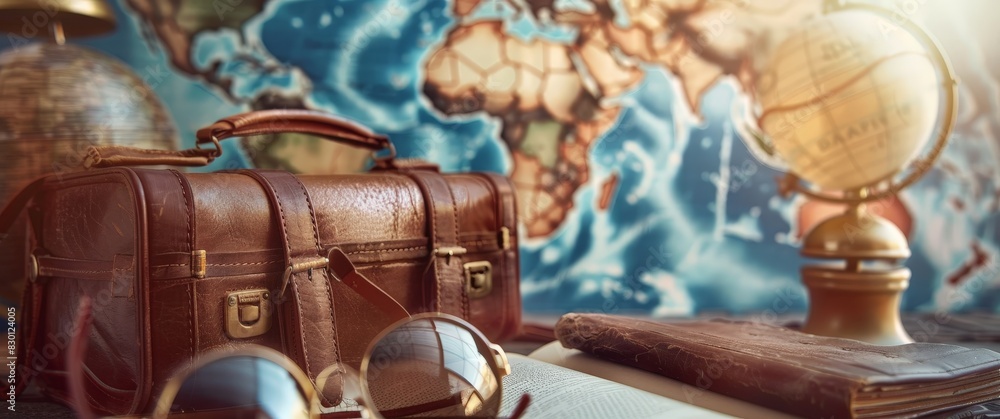 A leather briefcase with a globe and a pair of sunglasses on top of it A leather briefcase with a globe and a pair of sunglasses on top of it
