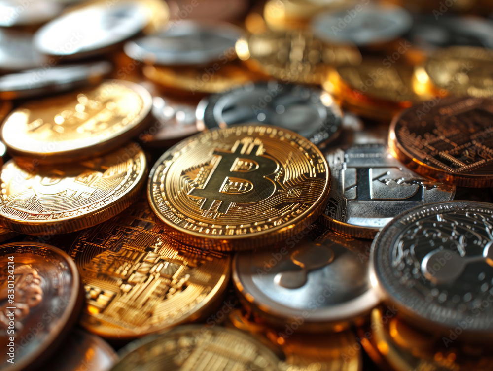 Bitcoin gold coins on dark background. Cryptocurrency, Digital money. Bitcoin gold coins on dark background. Cryptocurrency, Digital money.