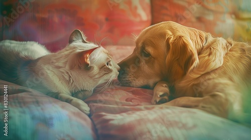 Dog and cat touching noses, close up, tender moment, vibrant, Overlay, cozy living room backdrop