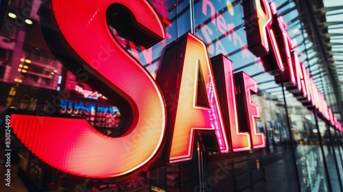 Dynamic SALE text with soaring percentages, close up, energetic typography, vibrant, Overlay, shopping plaza backdrop photo