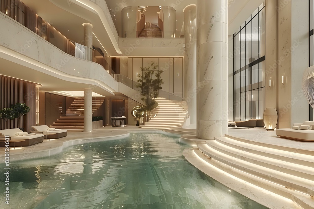 The indoor swimming pool of a luxury hotel