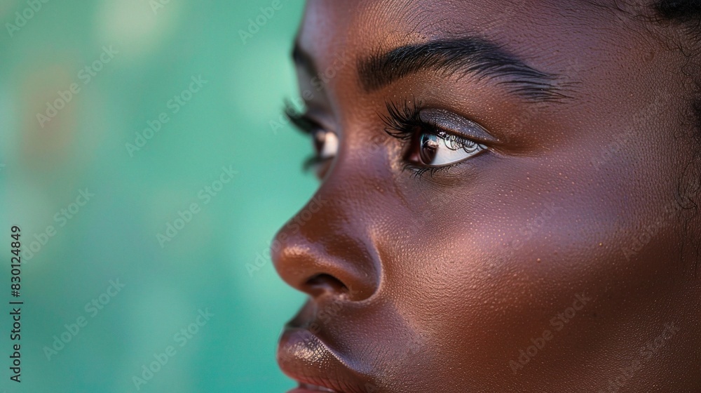 A close-up of a black woman's face skin, showing her natural beauty, with a soft green background, copy space