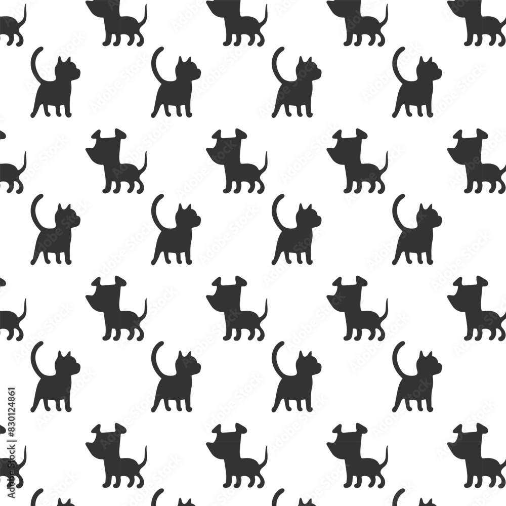 Obraz premium Pets regular monochrome seamless pattern. Puppies and kittens black silhouette repeat on white background. Vector illustration.