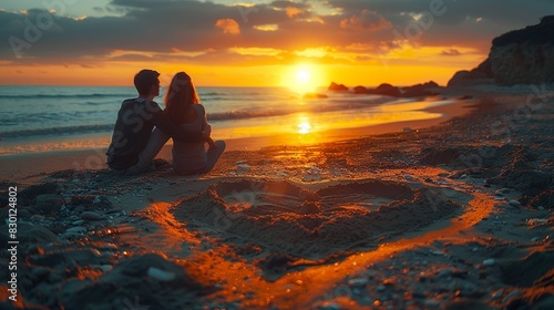 couple sitting on the sand at the beach watching the sunset and a heart drawn in the sand