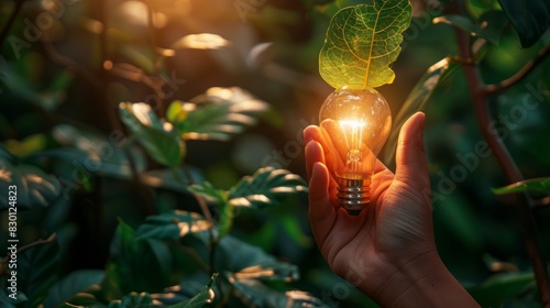 Hand holding light bulb against nature on green leaf with energy sources, Sustainable developmen and responsible environmental, Energy sources for renewable, Ecology concept. photo