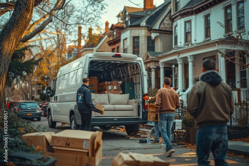 Two men are carrying a couch out of a white van. Moving House concept.