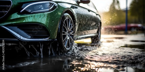 Closeup of car being washed in car wash with water and suds. Concept Car wash, Closeup shot, Water and suds, Vehicle maintenance, Auto detailing © Ян Заболотний