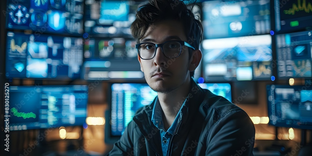 Cybersecurity expert in office monitoring network security on multiple screens preventing cyber attacks with advanced software tools. Concept Network Security, Cyber Attacks Prevention Cybersecurity expert in office monitoring network security on multiple screens preventing cyber attacks with advanced software tools. Concept Network Security, Cyber Attacks Prevention