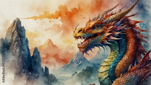 Hand drawn image of oriental dragon on white glowing background. Translation of hieroglyph - dragon. Watercolor illustration photo