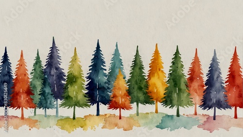 Simple Christmas greeting card with ranbow christmas trees on white background. Watercolor illustration photo