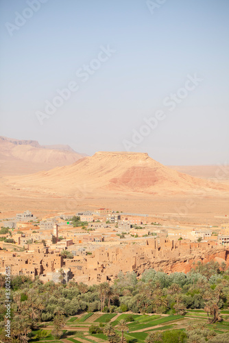 Orchard, village and desert. Southern Morocco.