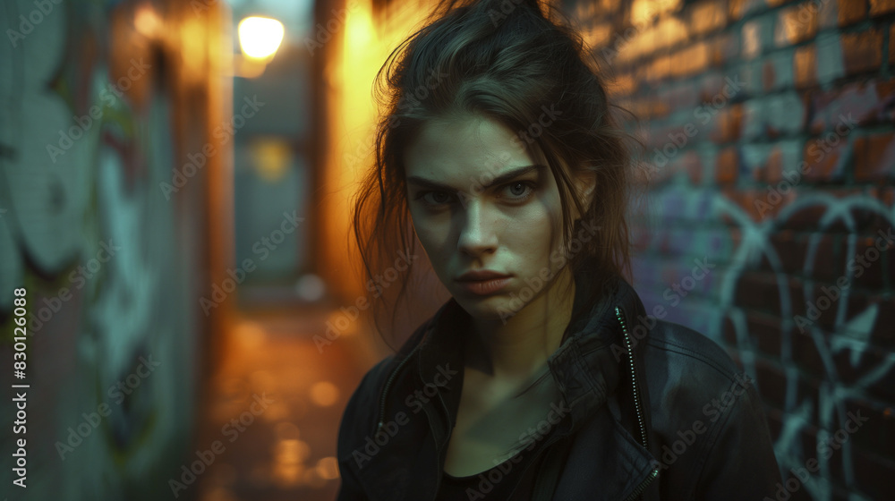 Young Woman with Intense Expression in Urban Alley at Night Young Woman with Intense Expression in Urban Alley at Night
