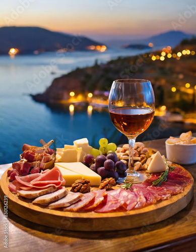 Cheese platter with a glass of wine, wine bottle, ham, salami, parmesan cheese, nuts and grapes on a wooden table in front of the Aegean sea in Turkey
