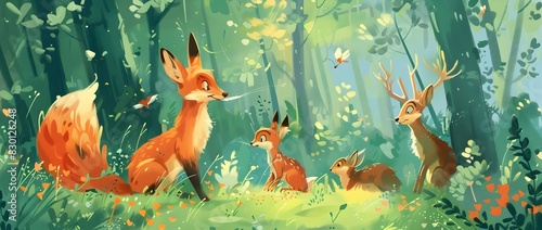 Enchanting Forest Scene with Playful Wildlife Creatures