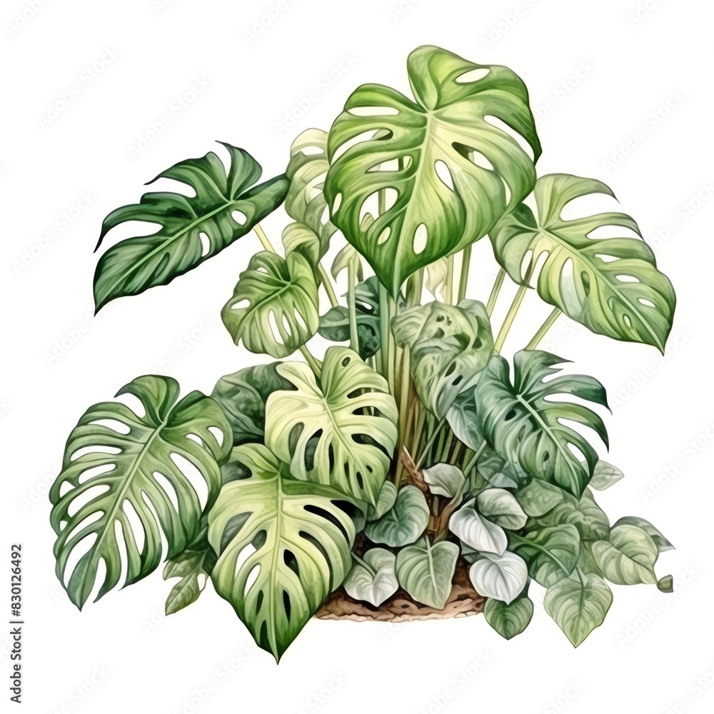 Vibrant watercolor illustration of Monstera deliciosa with lush green leaves. Perfect for nature and plant enthusiasts.