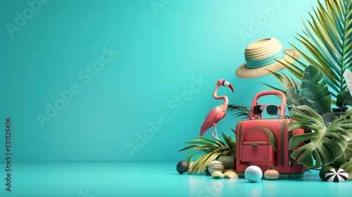 3D Summer travel concept with 4 random suitable element against tropical blue background with space for copy. --ar 16:9 Job ID: 8dbc80e0-3af1-4d50-8c17-e5376d40f9ca