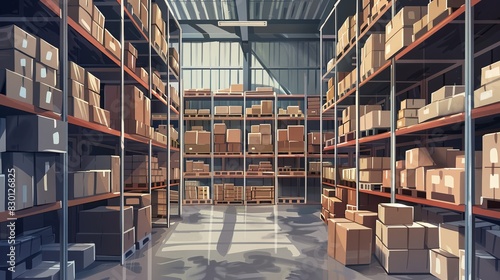 Efficiently organized warehouse with neatly stacked cardboard boxes on shelves, showcasing excellent inventory management.