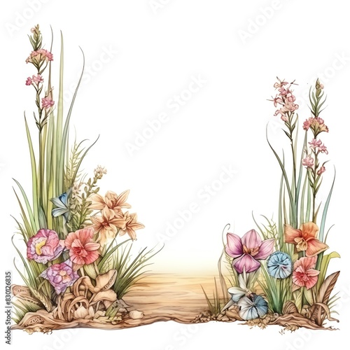 Beautiful floral border illustration with colorful spring flowers, grasses, and leaves on a white background.
