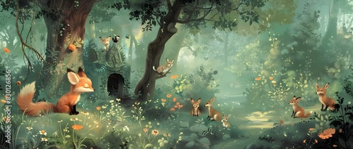 Enchanting Woodland Landscape with Whimsical Forest Creatures photo
