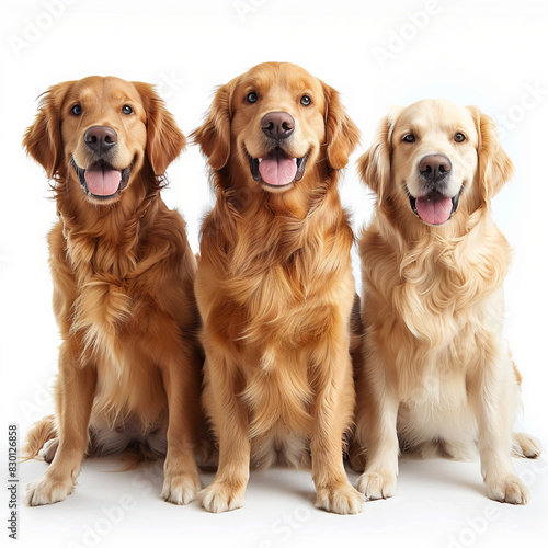 Three golden retrievers together with a white background