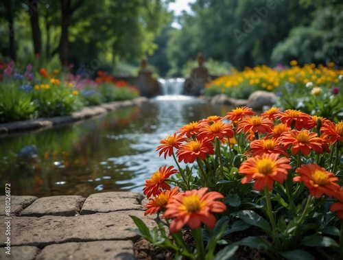 (best quality, 4k, 8k, high resolution, masterpiece:1.2), ultra-detailed, (realistic, photorealistic, photo-realistic:1.37), beautiful garden, vibrant blooming flowers, lush greenery, serene water fou photo