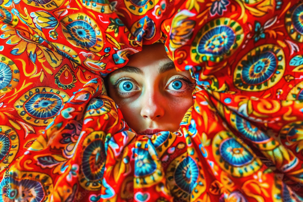 A woman's face is shown through a colorful, patterned cloth A woman's face is shown through a colorful, patterned cloth
