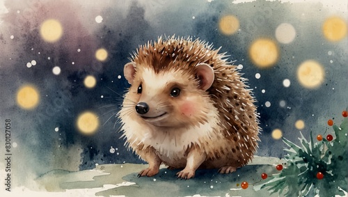Cute hedgehog with Christmas light decoration. Watercolor Christmas season illustration. Watercolor illustration photo