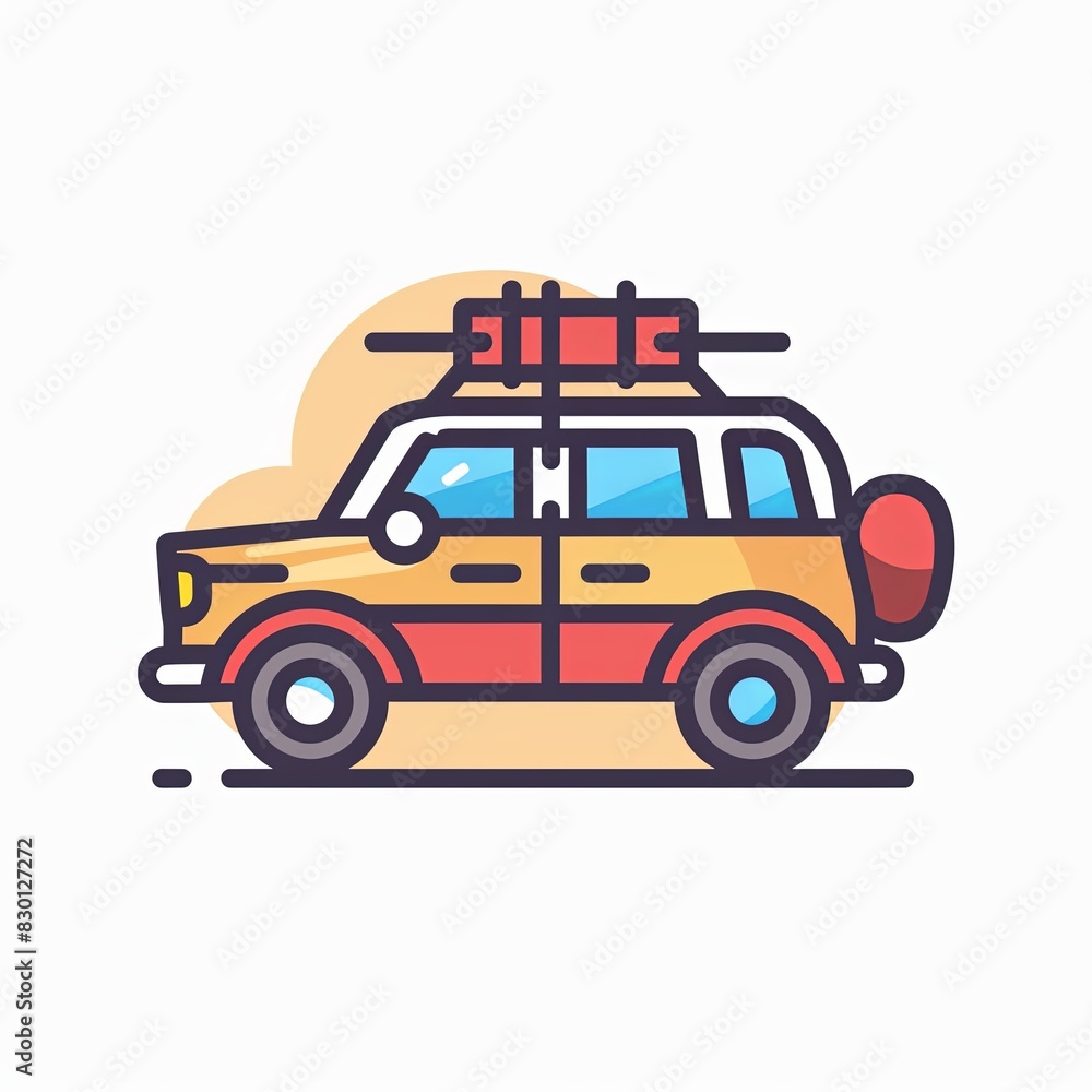 A yellow and red car with a roof rack and a red tire