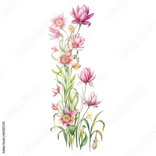 A beautiful watercolor illustration of pink and white flowers with green leaves, perfect for wall art and design projects.