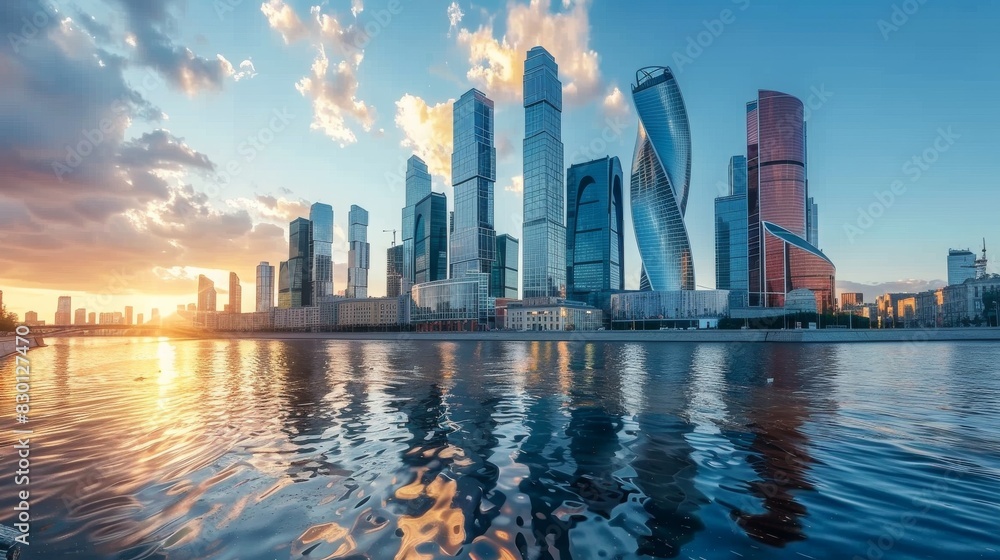 A city skyline with a large body of water in the background