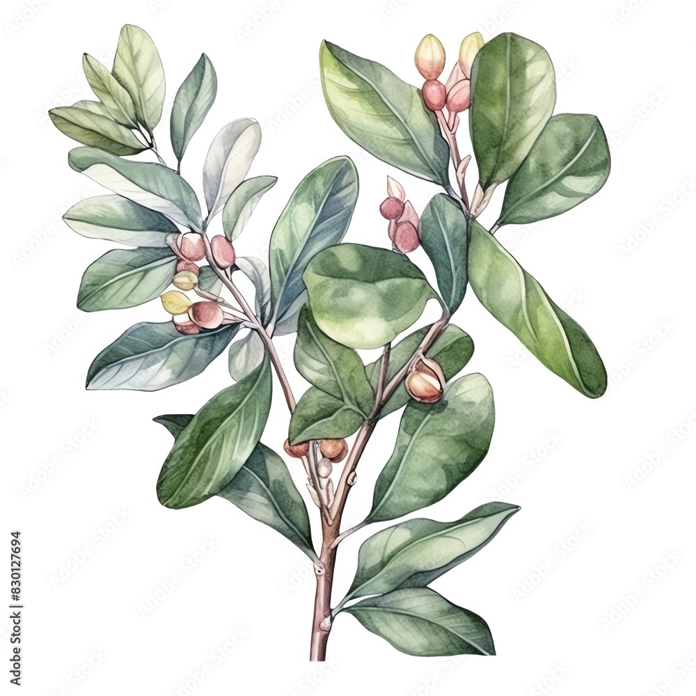 Beautiful botanical watercolor illustration of a leafy plant branch with small berries, showcasing delicate and vibrant details. Beautiful botanical watercolor illustration of a leafy plant branch with small berries, showcasing delicate and vibrant details.