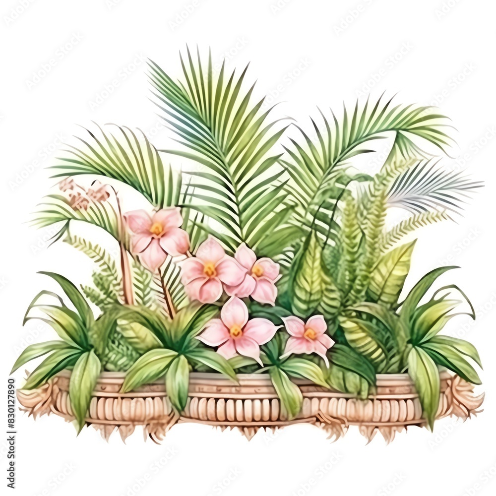 Fototapeta premium Artistic tropical floral arrangement with lush green leaves and pink flowers in a decorative basket.