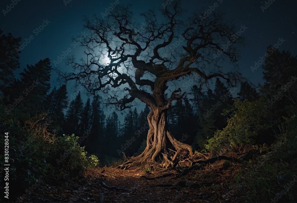 Dark Spooky Forest, A twisted, gnarled tree rises from the forest floor like a monstrous behemoth, its contorted branches stretching out in all directions, casting silhouettes against the moonlight Dark Spooky Forest, A twisted, gnarled tree rises from the forest floor like a monstrous behemoth, its contorted branches stretching out in all directions, casting silhouettes against the moonlight