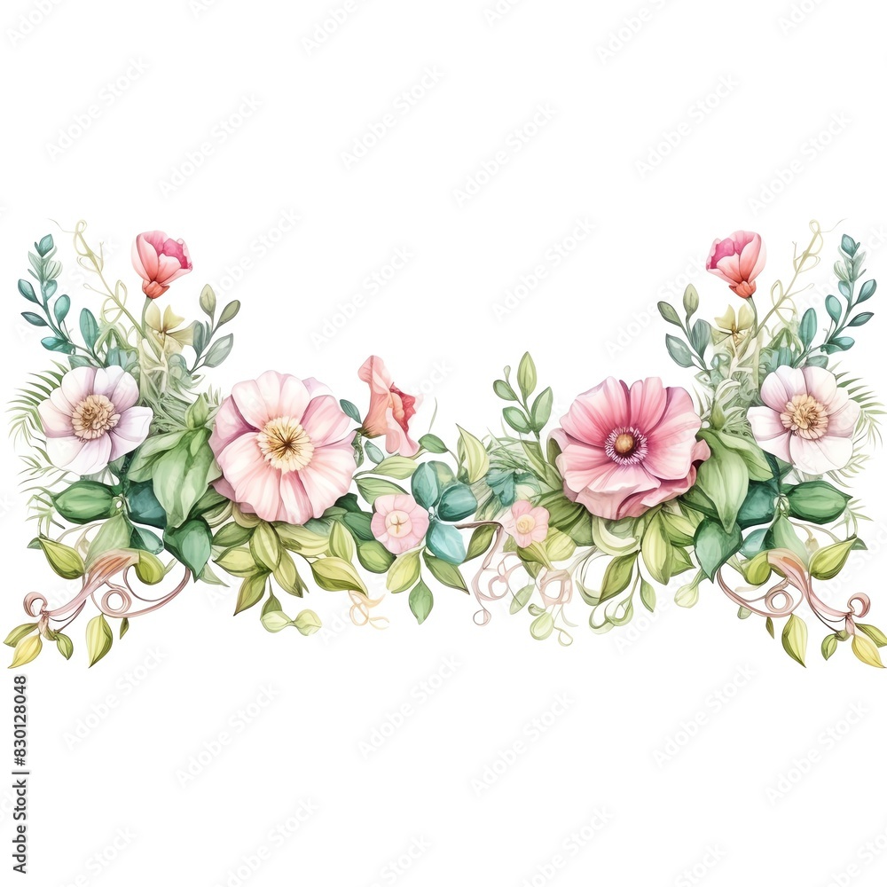 Exquisite watercolor floral border with pink and green accents, featuring delicate flowers and lush foliage. Perfect for elegant designs.
