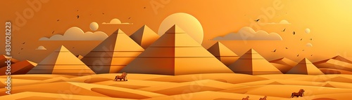 Pyramids of Giza  paper-cut style  infographic layout  desert tones  flat design with Egyptian symbols