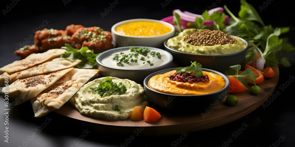 Professional food photography of colorful mezze platter with various dips and appetizers. Concept Food Photography, Mezze Platter, Colorful Dips, Appetizers, Professional Shots Professional food photography of colorful mezze platter with various dips and appetizers. Concept Food Photography, Mezze Platter, Colorful Dips, Appetizers, Professional Shots