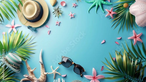 Colorful tropical vacation scene with a suitcase, palm leaves, and travel accessories, evoking a sense of adventure and relaxation.