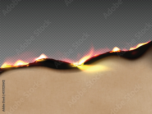 Burnt cardboard paper edge with fire and black ash, vector realistic brown craft paper or carton, parchment sheet flame
