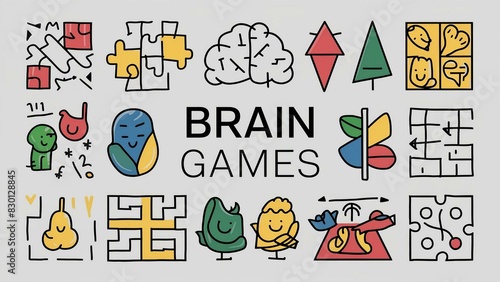 A set of colorful icons representing various mental games like puzzle activities and card games on a white background with the text "Brain Games" in bold sans-serif font.