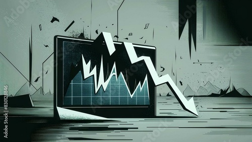 An animated graph going down with an arrow pointing downward, set against the backdrop of falling stock dribbble in gray color. The screen is depicted as broken and shattered glass, symbolizing falls